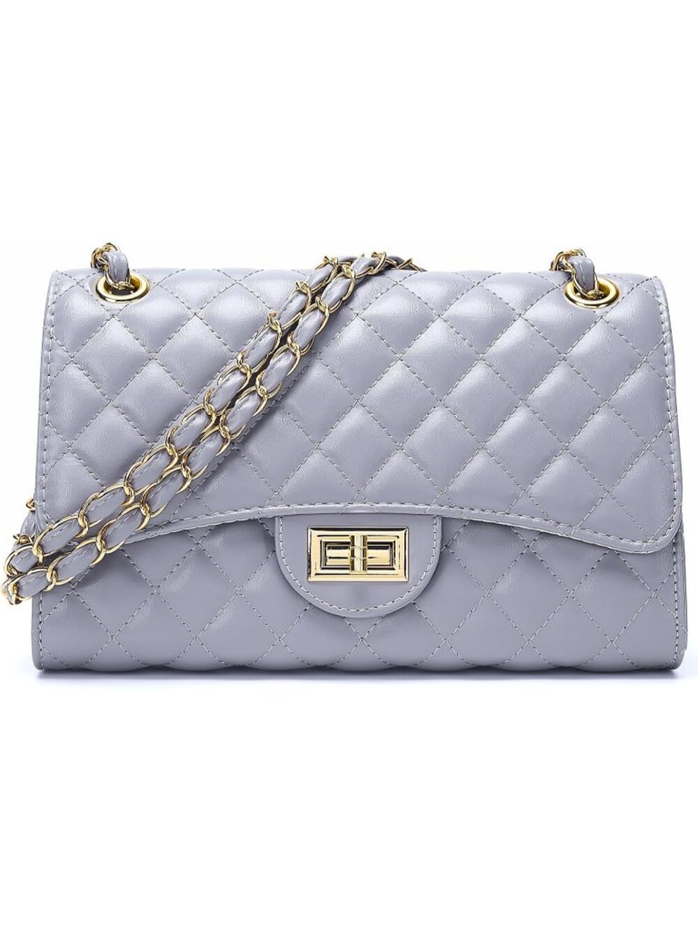 Women's Grey Quilted Leather Satchel Chain Strap Crossbody Shoulder Bag